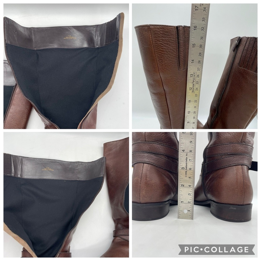 Talbots Womens 7AA Riding Boots Tall Brown Pebbled Leather Gold Buckle Full Zip - Picture 7 of 16